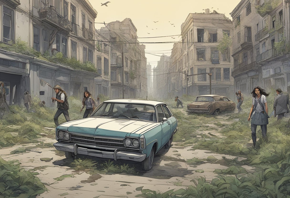 Alicia fights off a group of walkers in a deserted, overgrown city street, with abandoned cars and crumbling buildings in the background