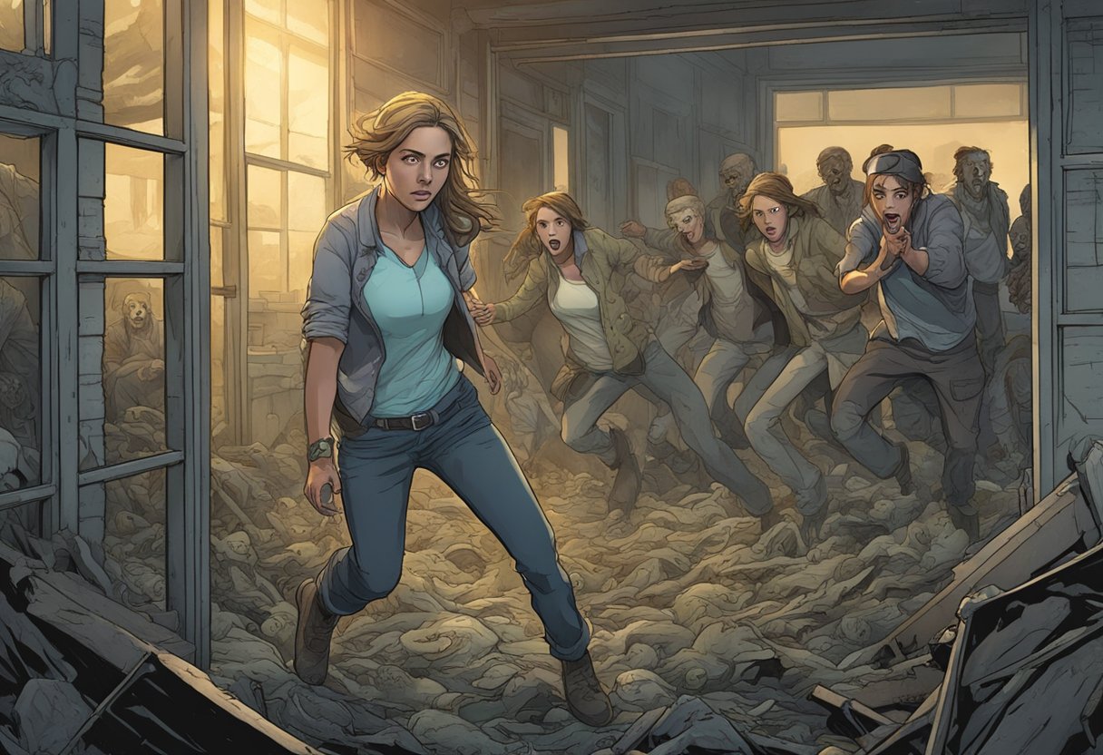 Alicia narrowly escapes a horde of zombies, finding refuge in an abandoned building