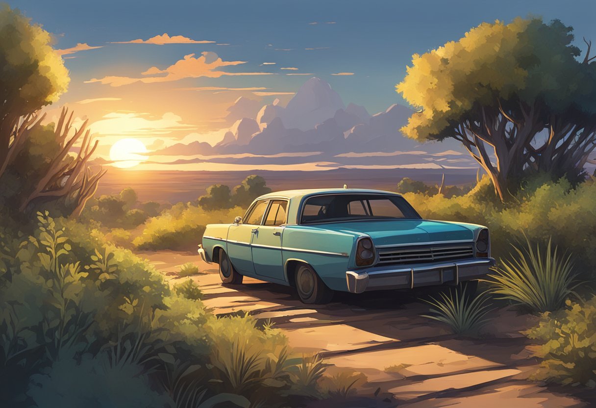 Alicia's abandoned car in a desolate wasteland, surrounded by overgrown vegetation and ominous silence. The sun sets in the distance, casting long shadows over the scene