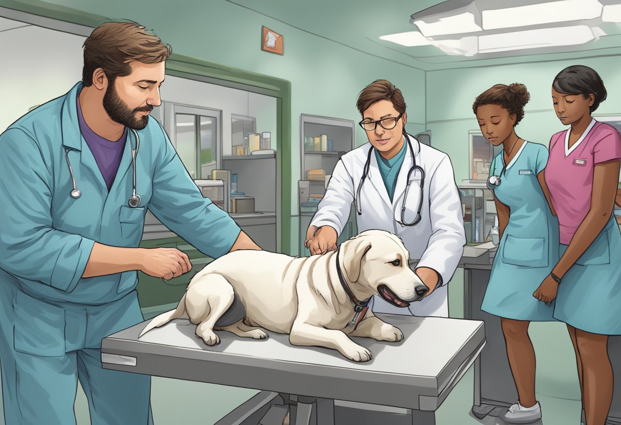 Dr. Jeff Young examines Hector, the injured dog, in the bustling veterinary clinic. Nurses and assistants rush around, while Dr. Jeff's focused expression shows his determination to save Hector's life