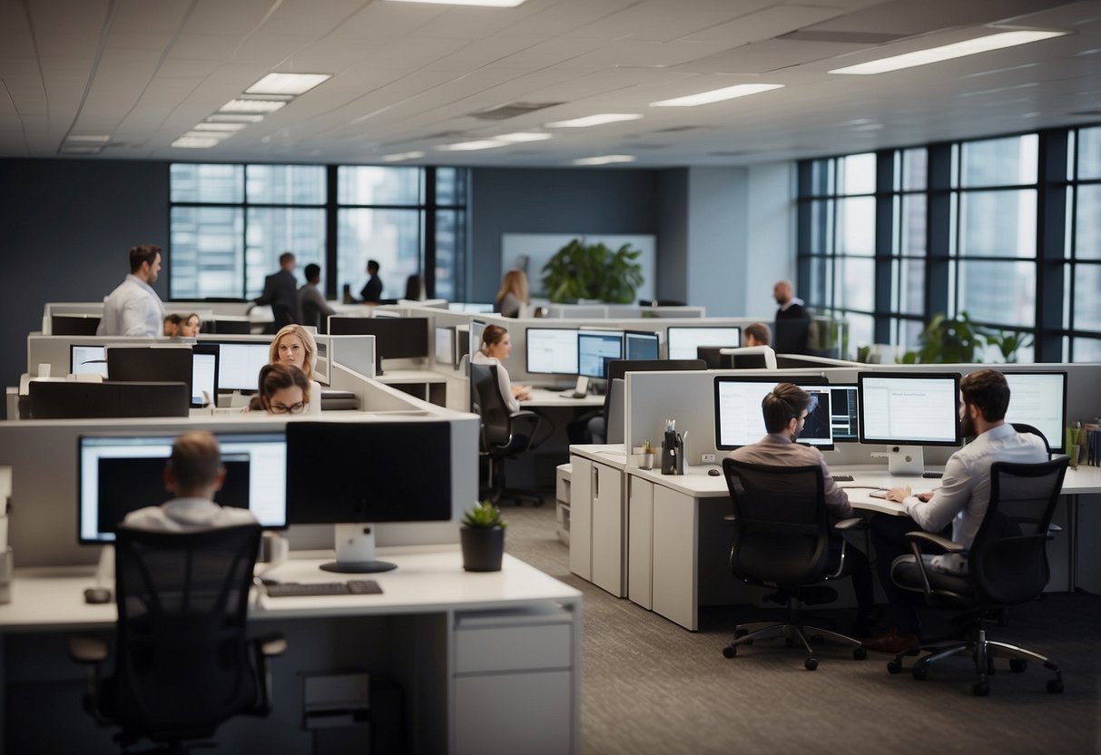 A busy office setting with people working at desks, interacting with each other, and using technology. The atmosphere is professional and focused, with a sense of collaboration and teamwork