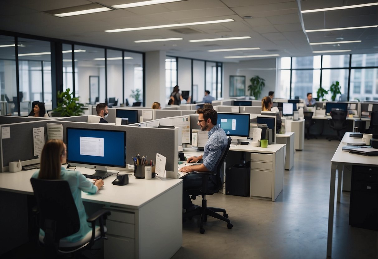 A bustling office environment with employees engaged in various tasks, highlighting the importance of human resources in talent development and management