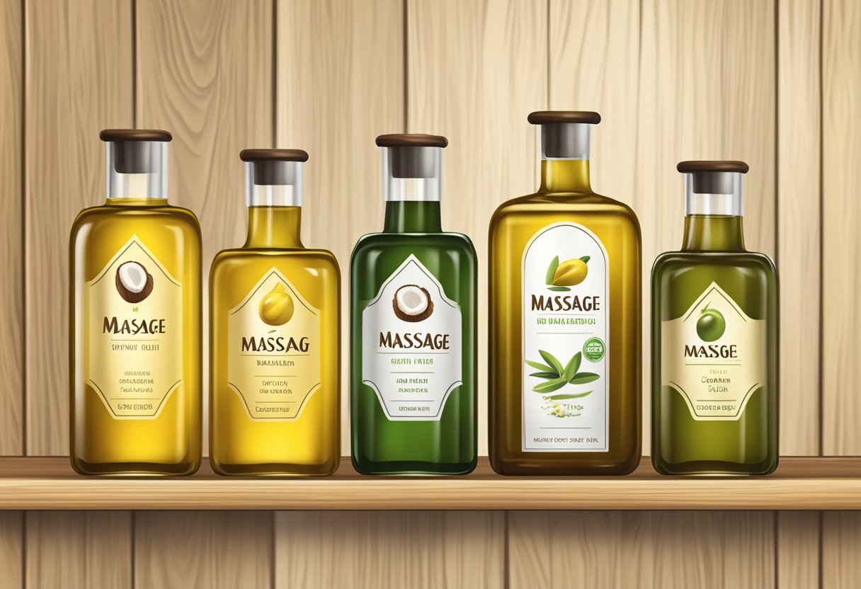 A display of massage oils: coconut, rapeseed, and olive oil in glass bottles on a wooden shelf