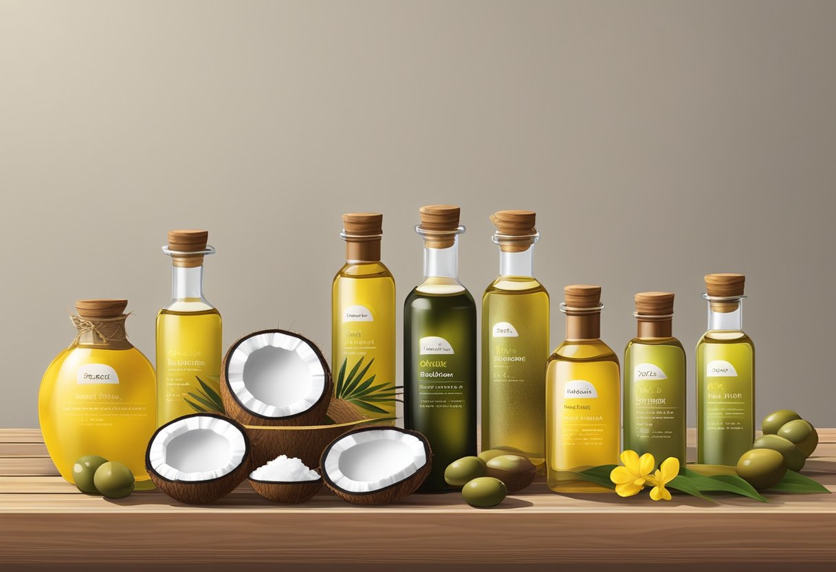 A variety of massage oils sit on a wooden table, including coconut, rapeseed, and olive oil. Labels are visible, and the oils are arranged neatly for display