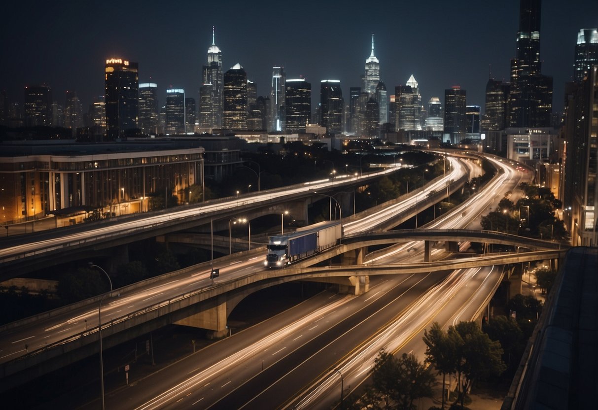 A bustling city with roads, bridges, and buildings, showcasing the importance of infrastructure in emergency response. Various vehicles and equipment are visible, highlighting the role of material resources