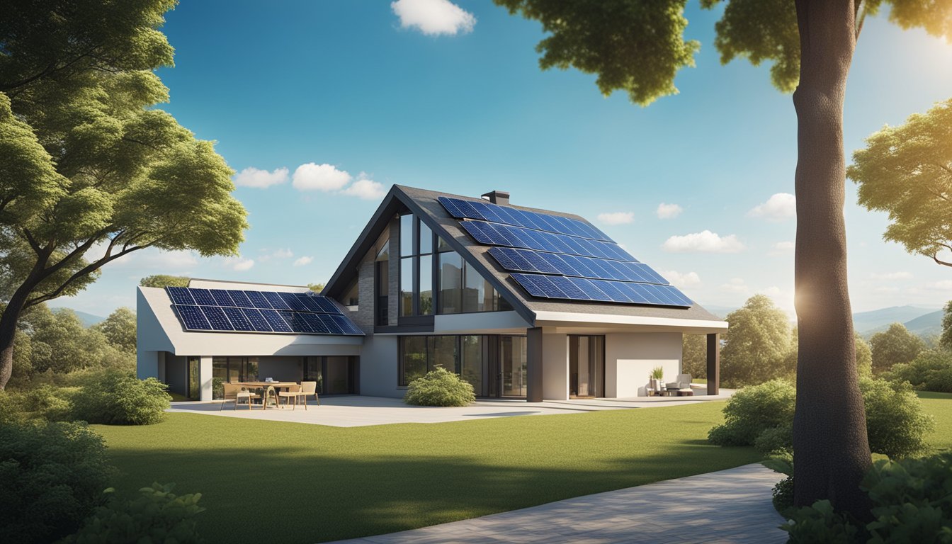 A house with solar panels on the roof, surrounded by green trees and a clear blue sky