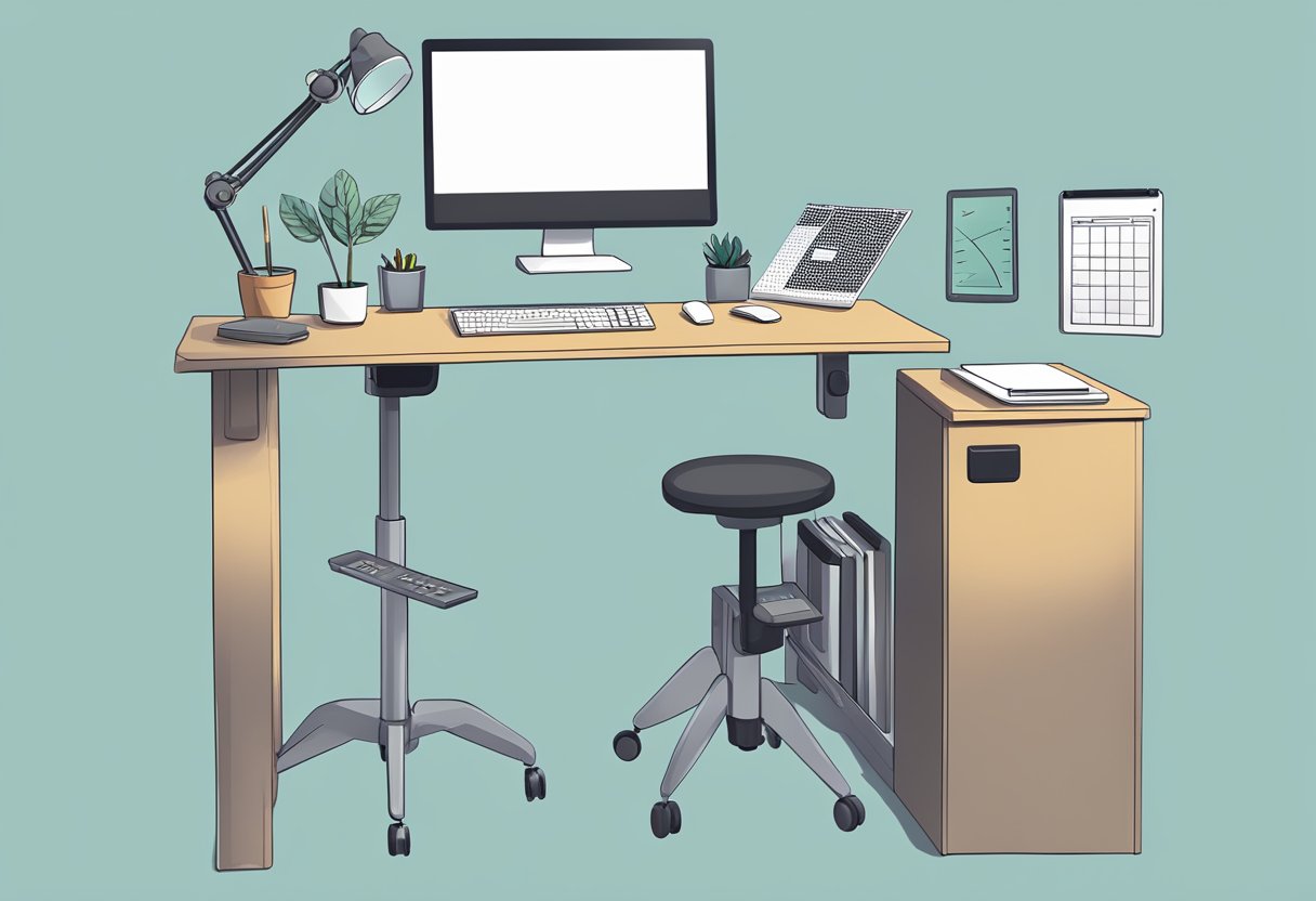 A standing desk at the correct ergonomic height, with adjustable accessories and tools nearby for optimal comfort and productivity