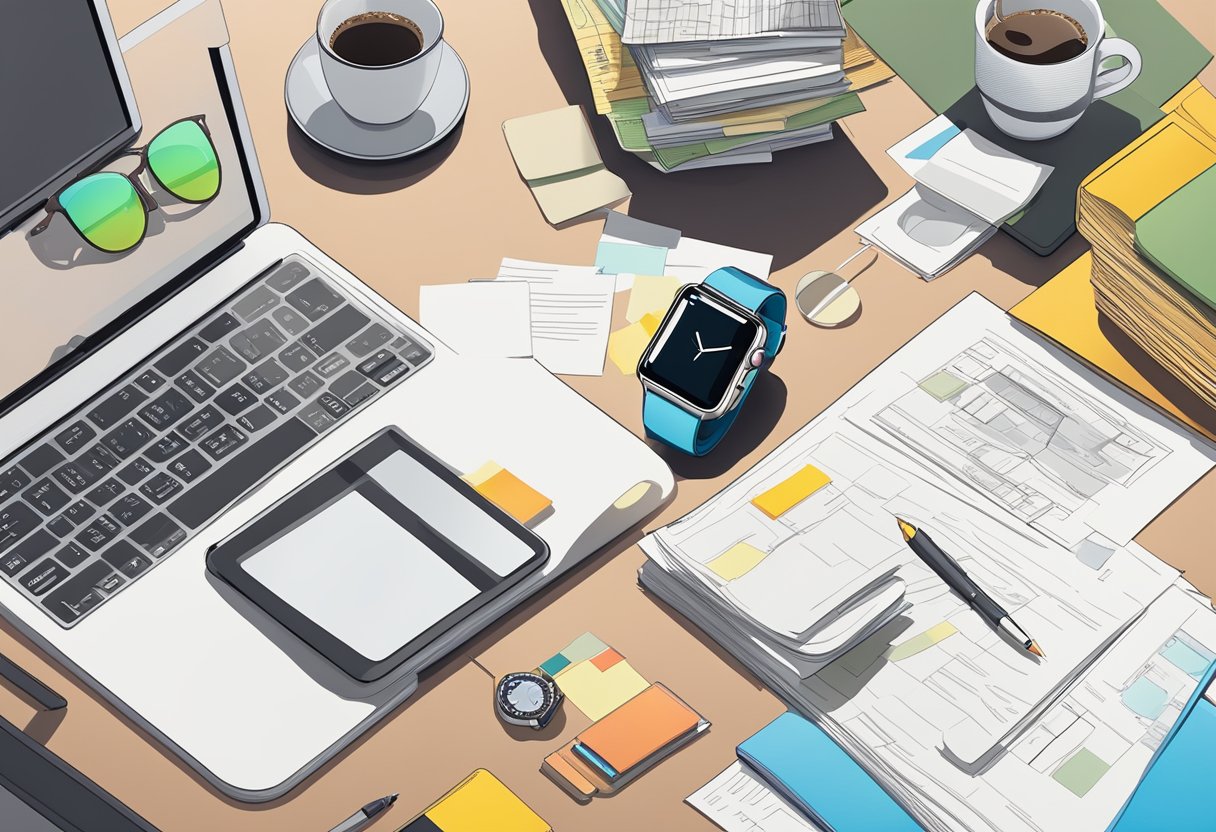 An apple watch sits on a cluttered desk, surrounded by papers and a coffee mug