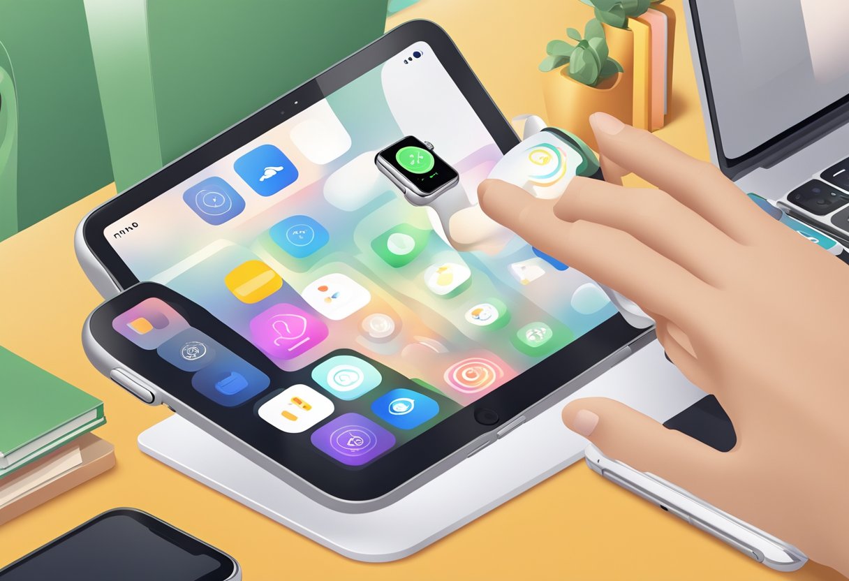 A hand reaching down to pick up an Apple Watch from a cluttered desk, with a smartphone displaying the "Find My" app in the background