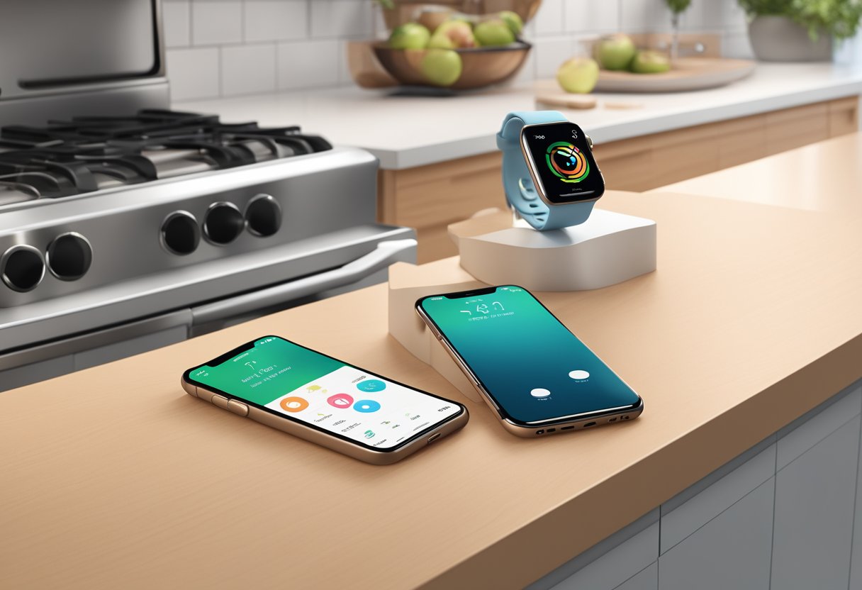 An Apple Watch sits on a kitchen counter next to an iPhone. The iPhone screen displays the 'Find My' app, showing the location of the watch