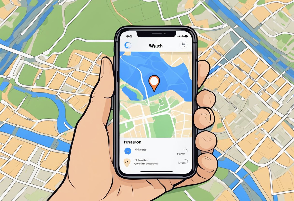 A hand holding an iPhone with the "Find My" app open, showing a map with a pinpointed location of an Apple Watch