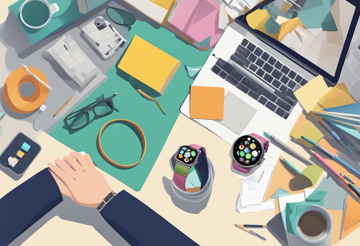 A hand reaches for a lost Apple watch on a cluttered desk