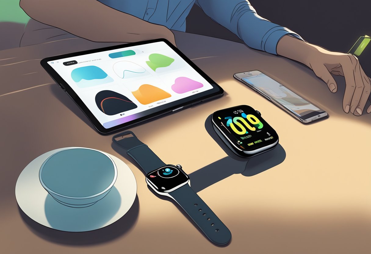An Apple Watch on a table, with a worried expression on its face displayed on the screen, as a shadowy figure lurks in the background