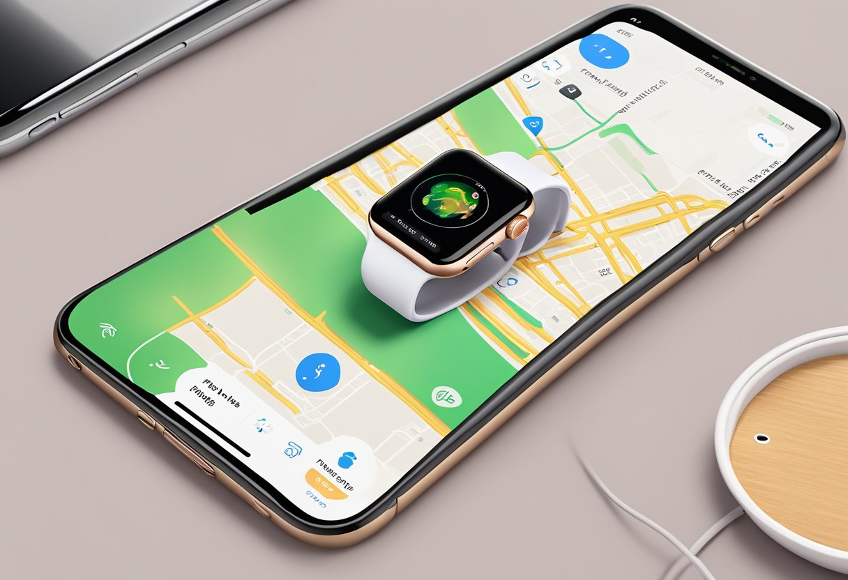 An Apple Watch resting on a secure surface with a "Find My Apple Watch" app displayed on a nearby smartphone