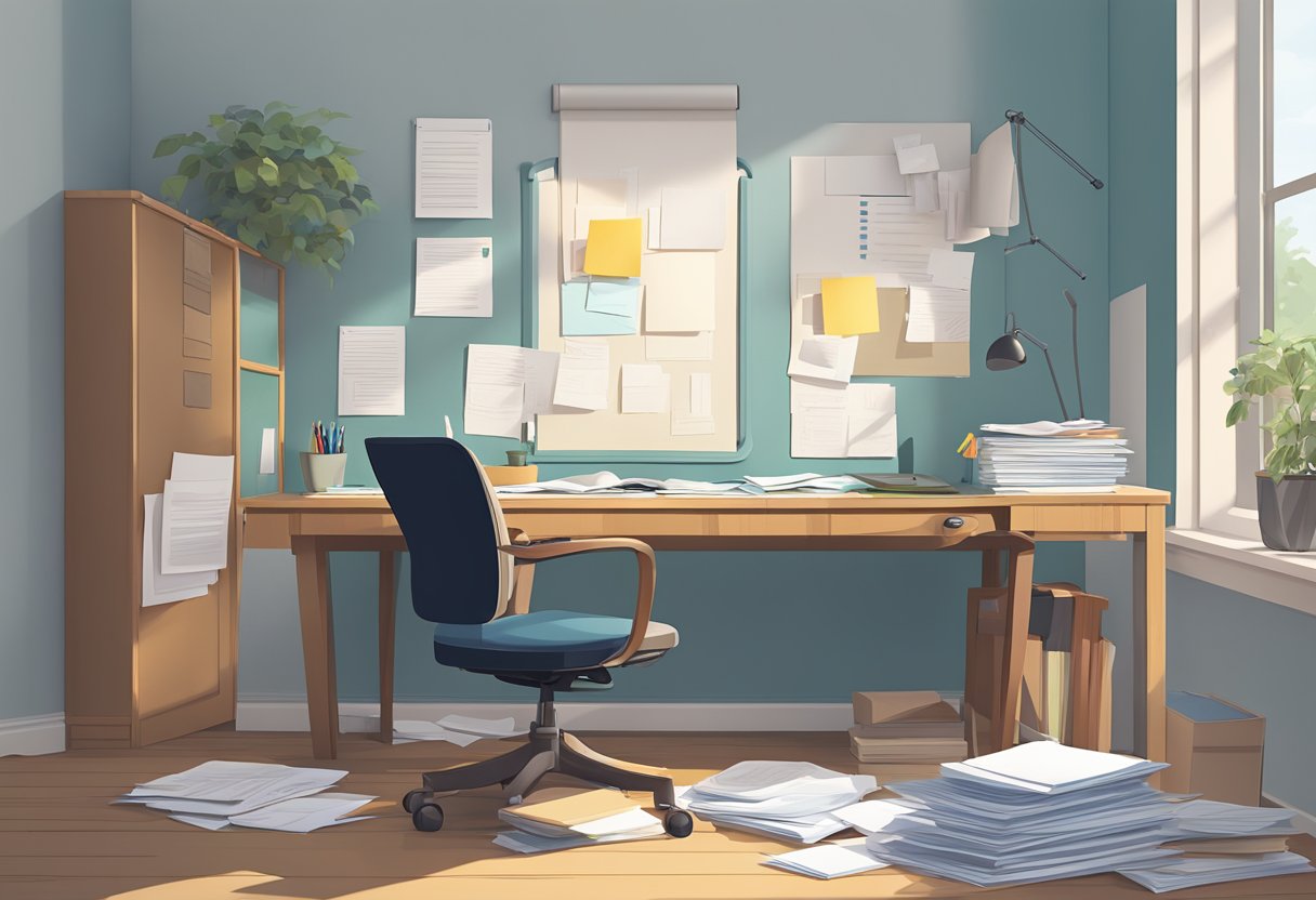 An empty room with a desk, chair, and scattered papers. An apple watch is sitting on the desk, partially hidden under a pile of papers