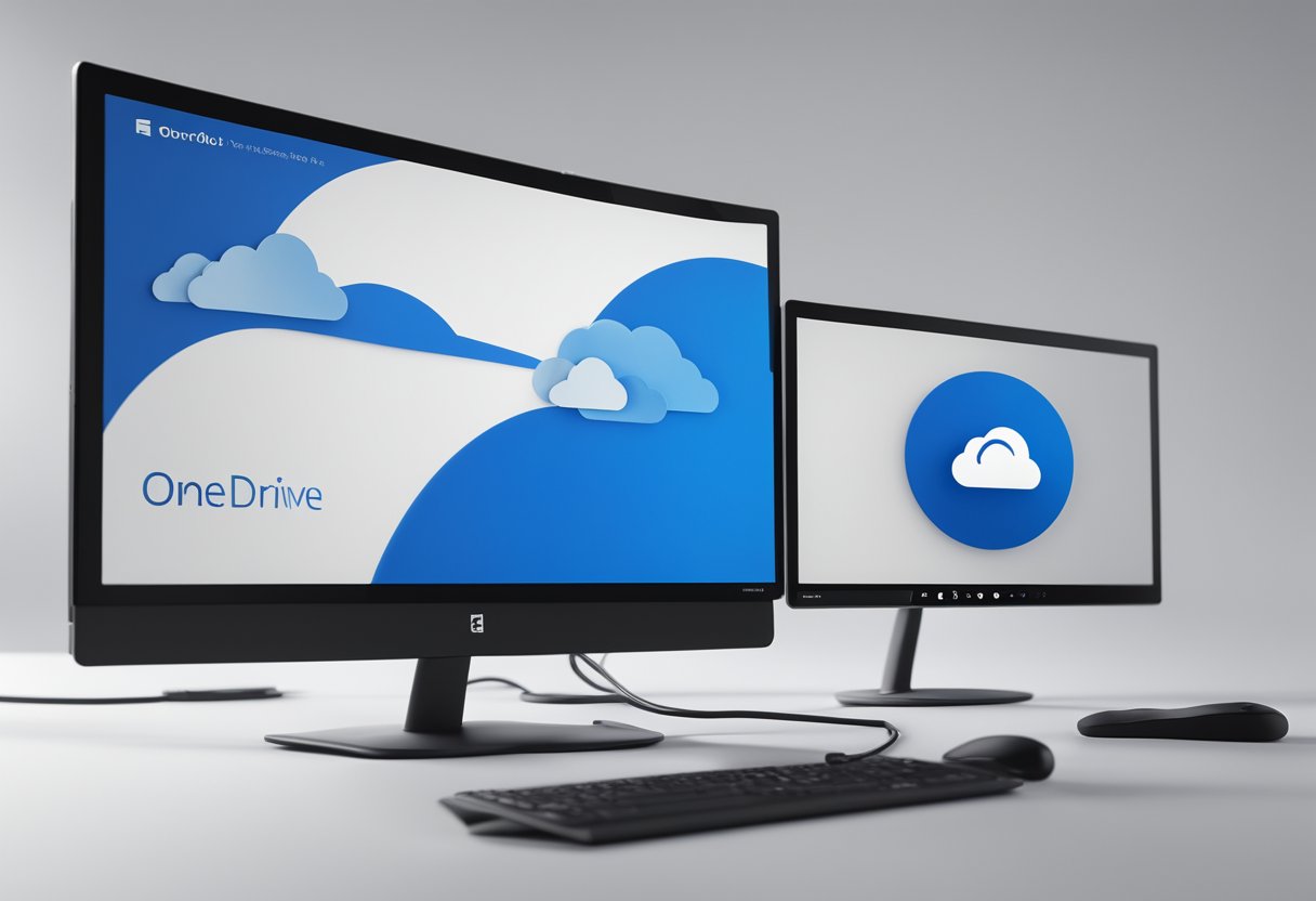 A computer screen displaying the process of mapping OneDrive as a network drive on Windows, with the OneDrive folder icon linked to the network drive