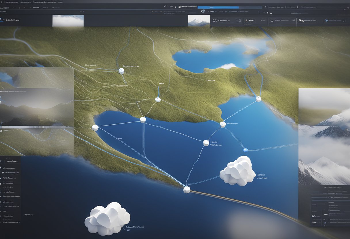 Uma tela de computador mostrando o processo de acesso e gerenciamento de arquivos do OneDrive por meio de um mapa de unidade de rede, com o ícone do OneDrive exibido como uma unidade de rede