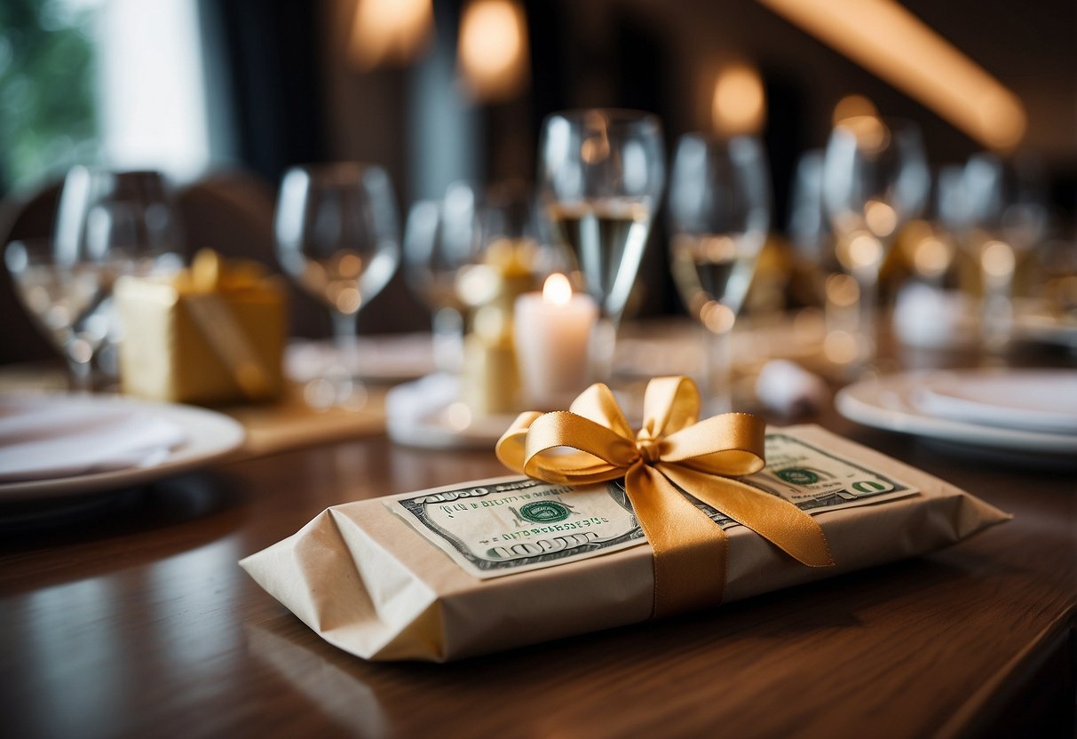 A beautifully wrapped envelope containing a generous amount of cash placed on a gift table at a wedding reception