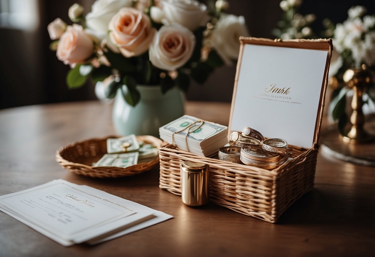 A table with a wedding card and an envelope filled with cash, alongside a decorative box or basket for collecting cash gifts