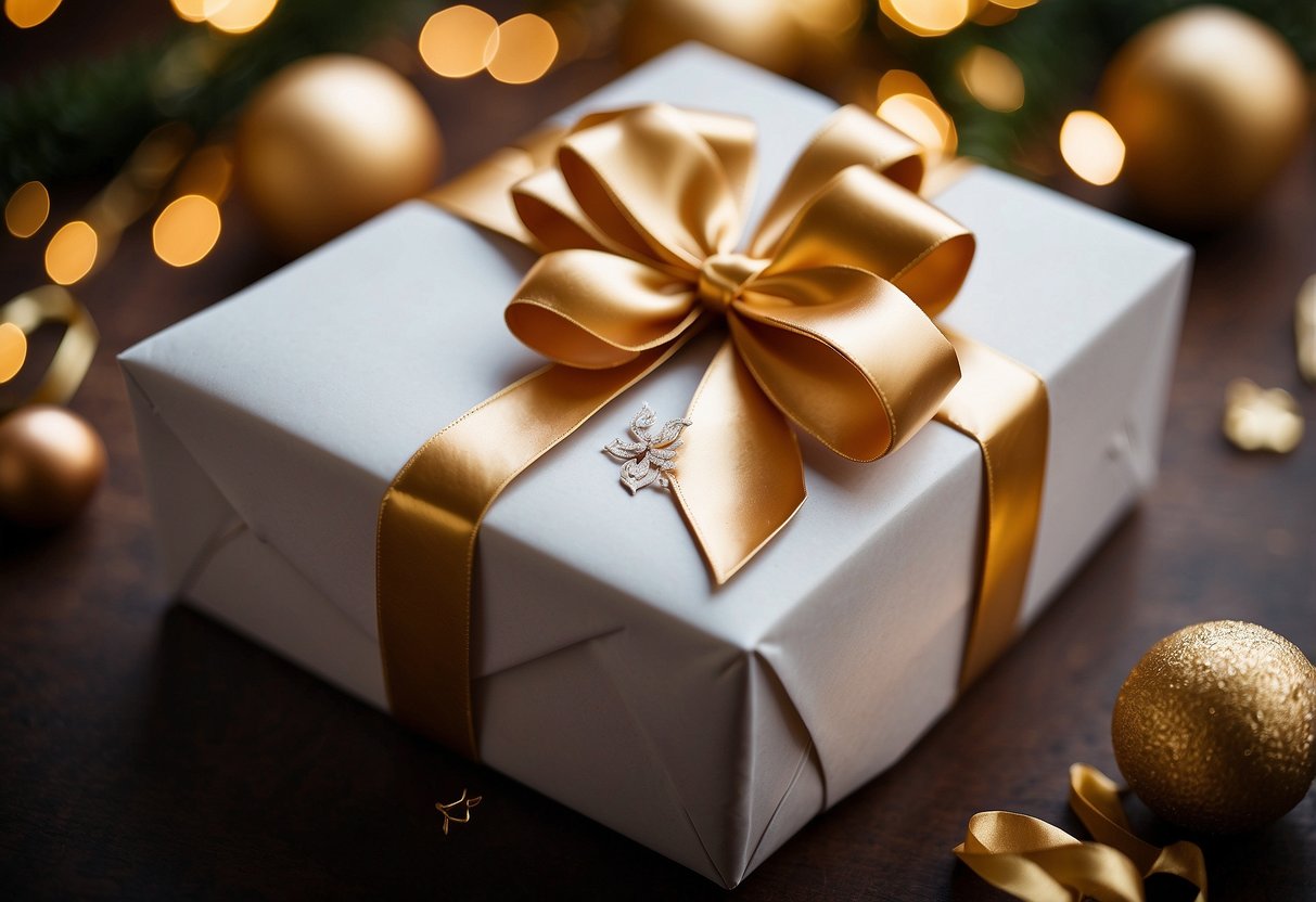 A beautifully wrapped gift box with a slot for cash, surrounded by elegant envelopes and a decorative sign indicating "Wedding Gifts."