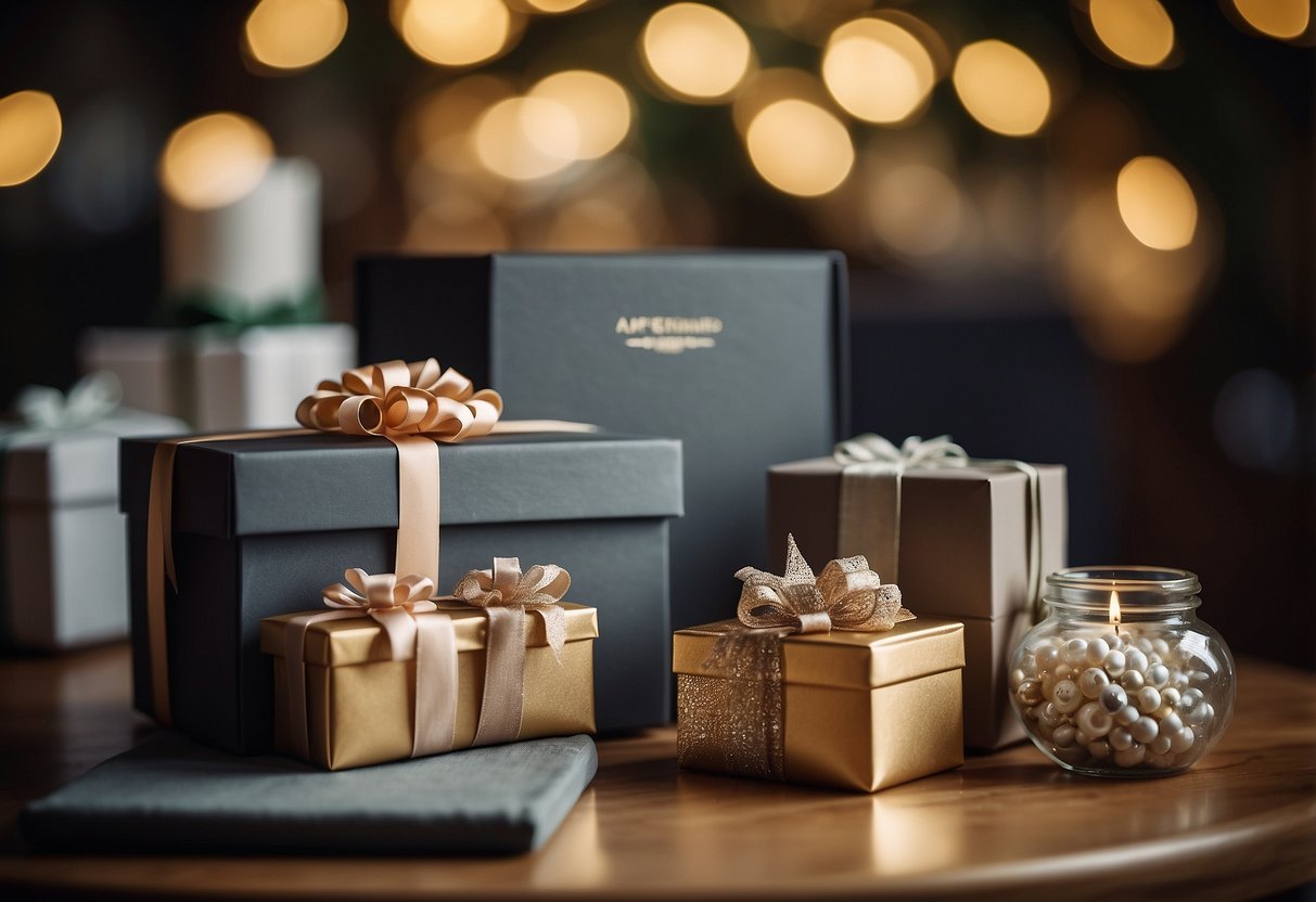 A wedding gift table with various non-cash presents, a decorative box for cards, and a sign indicating "Alternatives to Cash Gifts"