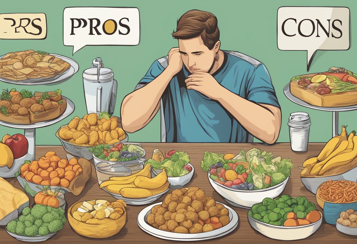 A table with various food items labeled "pros" and "cons" on opposite sides. A person pondering over the choices