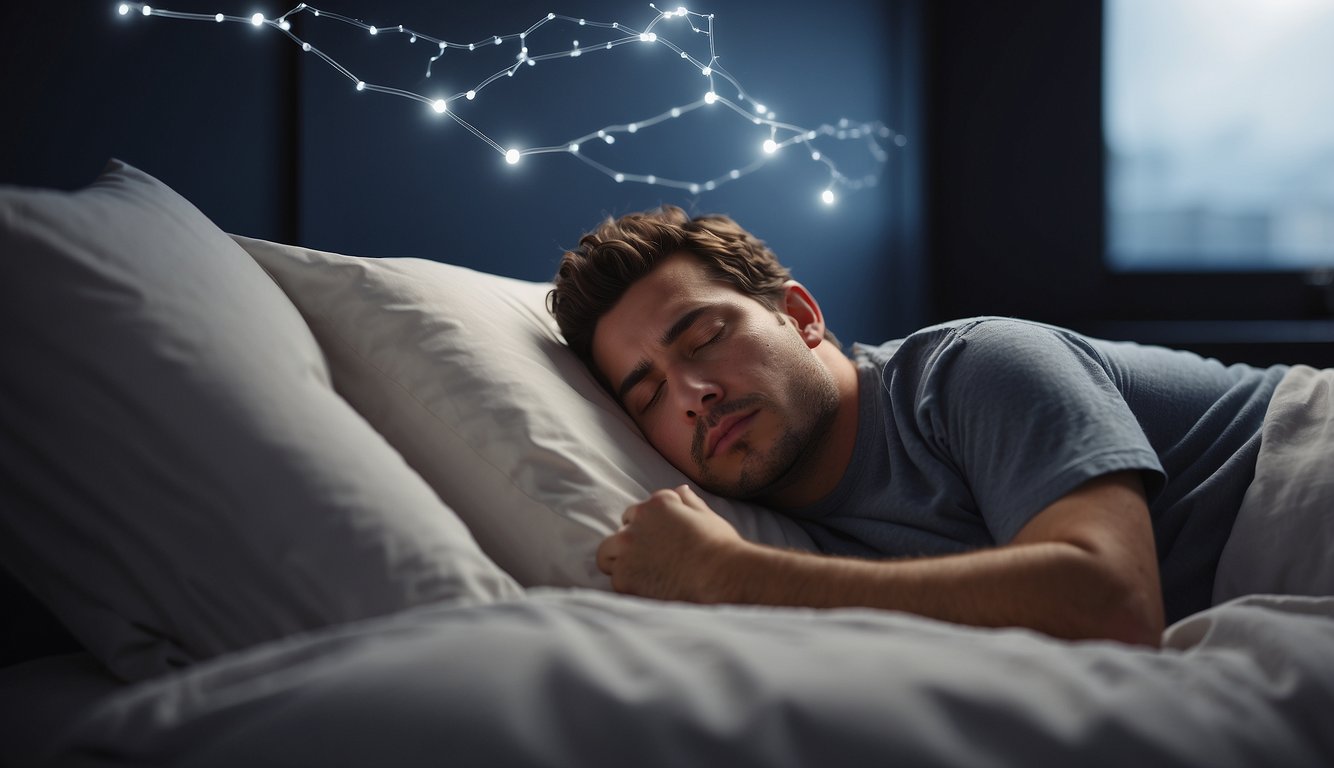 A person sleeping in bed with a thought bubble connecting snoring and diabetes