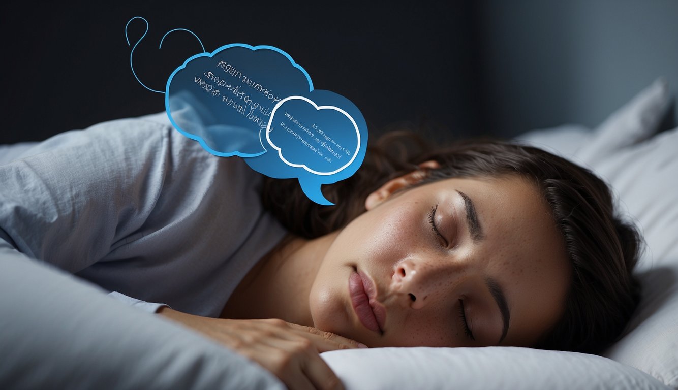 A person sleeping with a thought bubble showing a snore and a blood sugar level, with a dotted line connecting the two indicating the link between snoring and diabetes