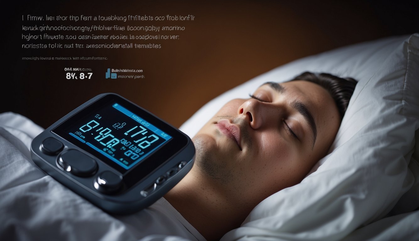 A person sleeping soundly while a blood glucose monitor displays stable levels, with a thought bubble linking snoring to diabetes