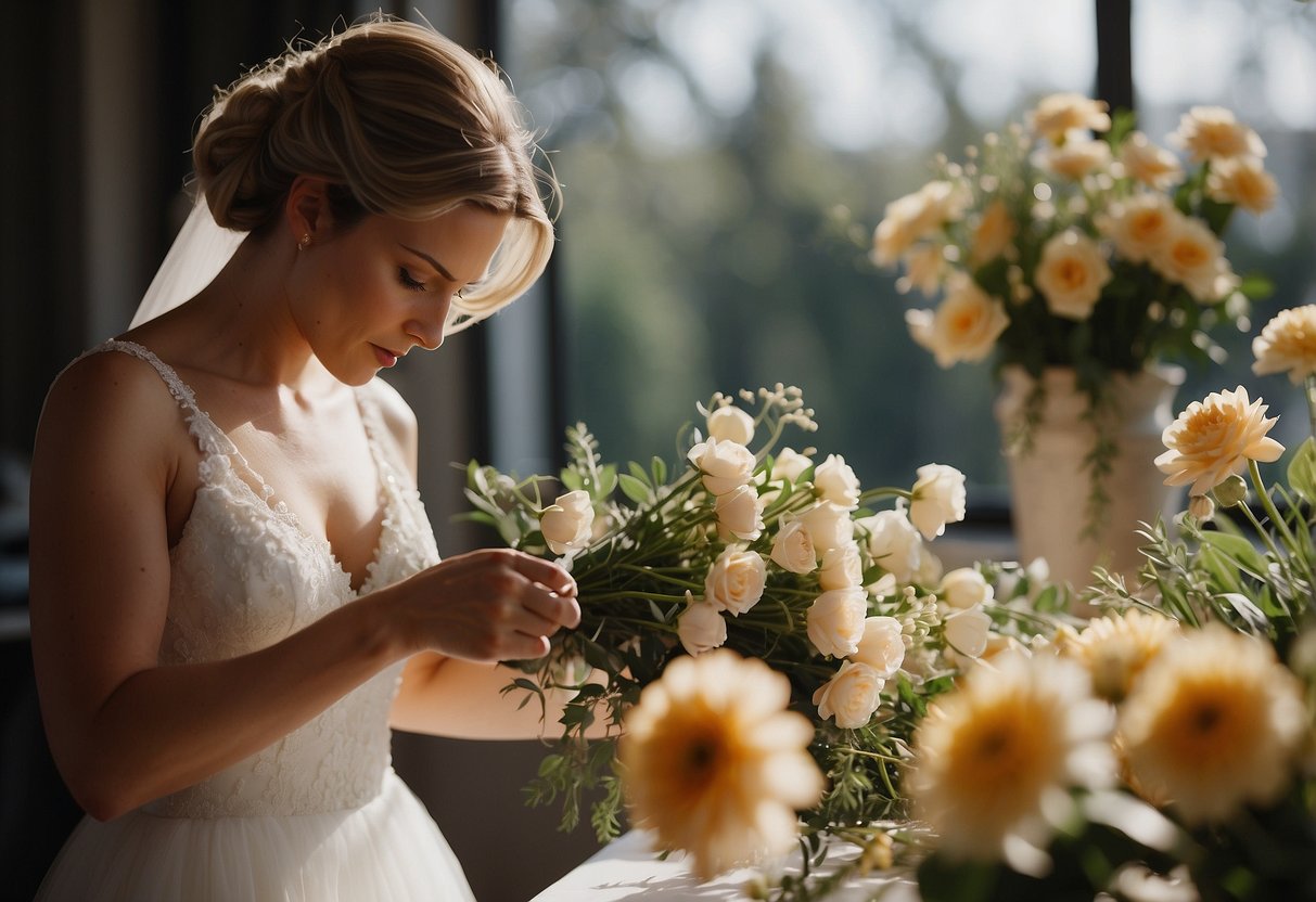 A bride carefully selects a preservation method for her wedding bouquet, considering options like drying, pressing, or resin encapsulation