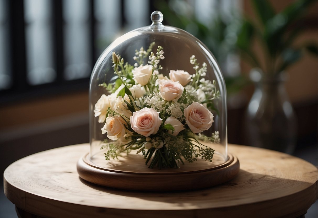 A glass dome rests on a wooden base, cradling a preserved wedding bouquet. Delicate petals and greenery are carefully arranged, showcasing the beauty of the flowers