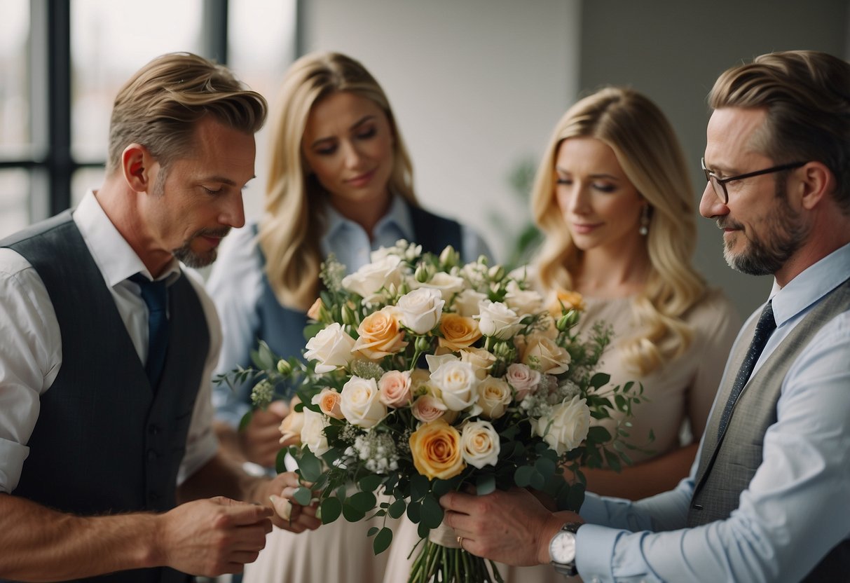 A group of professionals carefully inspect and discuss methods for preserving a wedding bouquet. They examine various techniques and materials to ensure the bouquet remains intact and beautiful for years to come