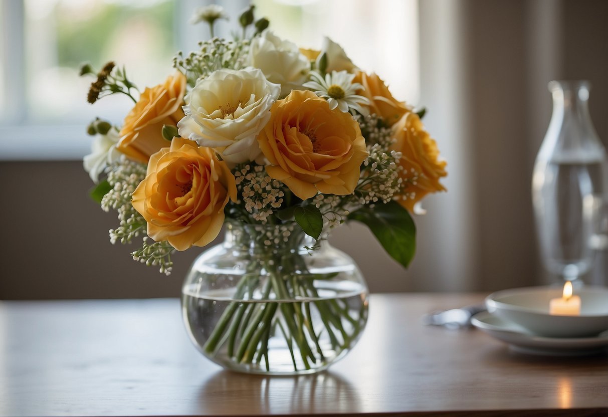 A wedding bouquet sits in a glass vase on a clean, well-lit table. A pair of scissors and a spray bottle of water are nearby, ready for use