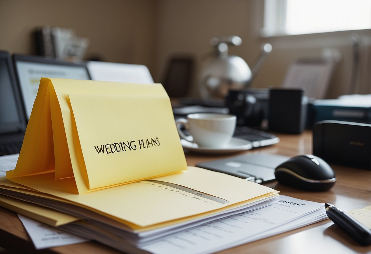 A cluttered desk with scattered papers, a calendar, and a laptop. Post-it notes with dates and reminders. A stack of wedding magazines and a folder labeled "wedding plans."