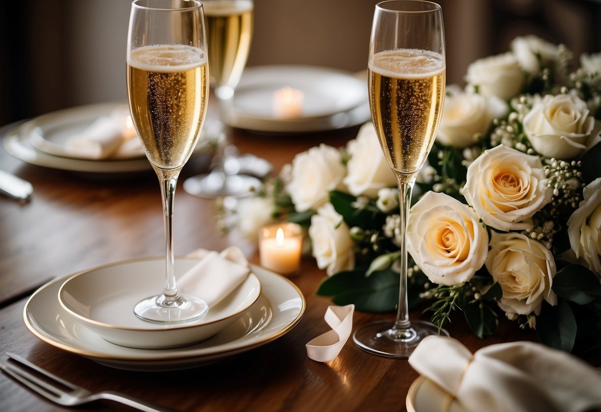 A festive table set with champagne, flowers, and a ring. A banner reads "Celebrating Your Engagement and Beyond."