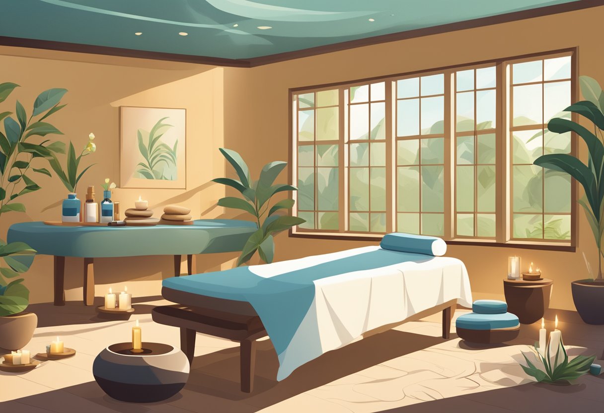 A serene spa setting with a massage table, soft lighting, calming music, and aromatic oils. Various symbols representing the benefits of massage, such as relaxation, stress relief, improved circulation, and pain relief, are scattered throughout the scene