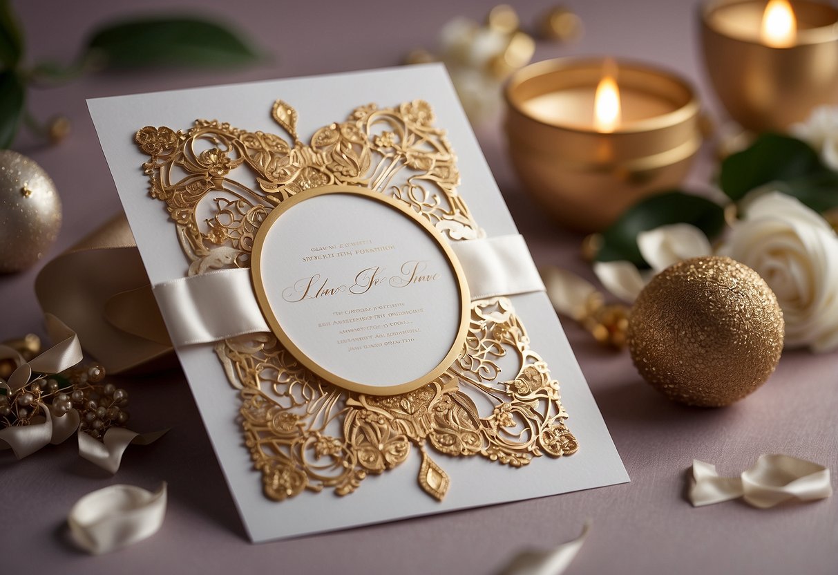 A wedding invitation with a blank space for the gift amount, surrounded by elegant decorations and symbols of love and celebration