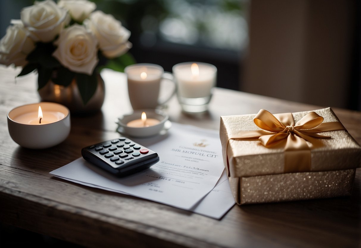 A table with a gift envelope and a wedding invitation. A calculator and a pile of money next to it, indicating the consideration of how much to give as a wedding gift