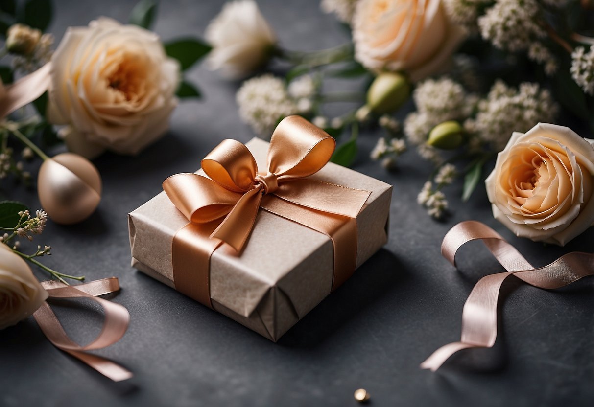 A beautifully wrapped gift box with a ribbon and bow sits on a table, surrounded by elegant decorations and flowers