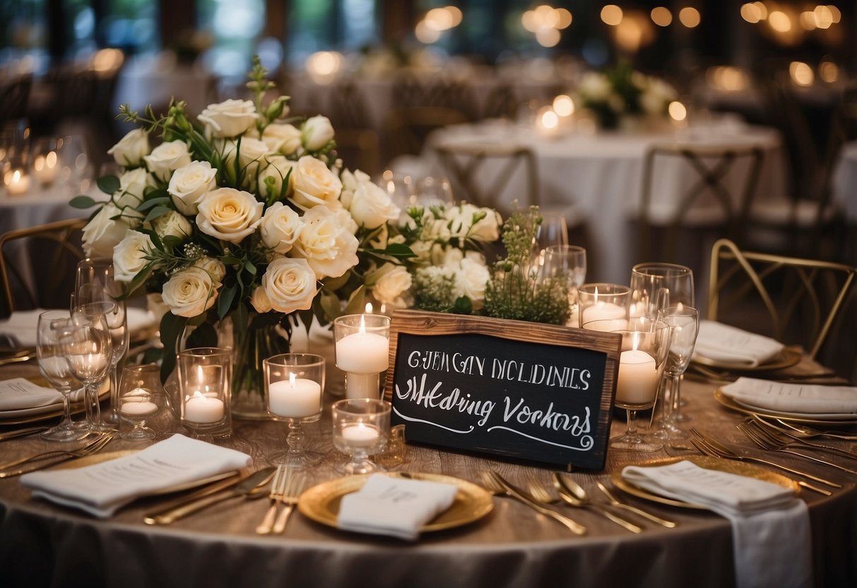 A table with various wedding vendors' logos and tip amounts displayed. A sign reads "General Tipping Guidelines for Wedding Vendors" in elegant script