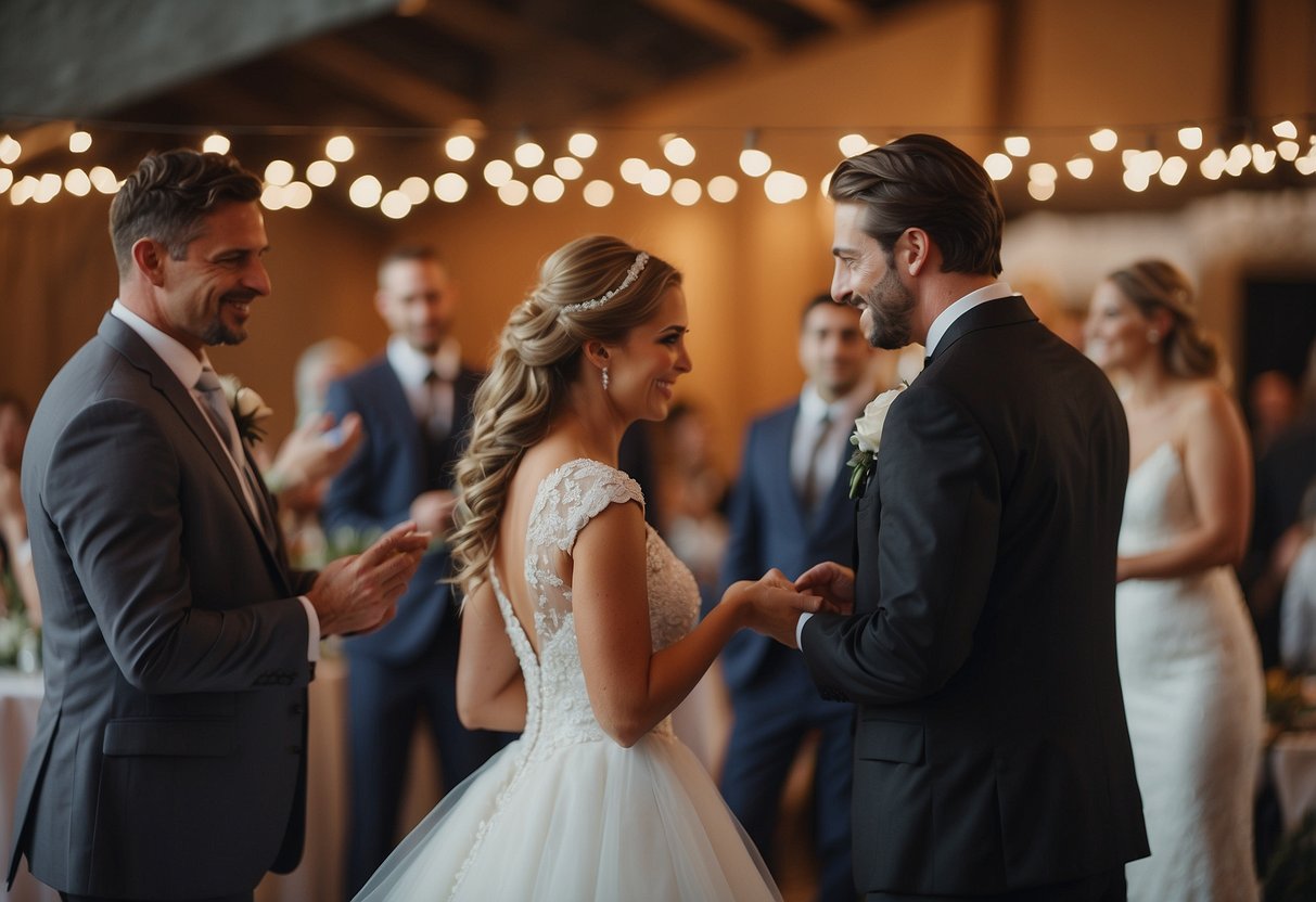 Vendors receiving tips at a wedding. Different vendors with labeled tip amounts (e.g. photographer, DJ, caterer). Bride and groom in background