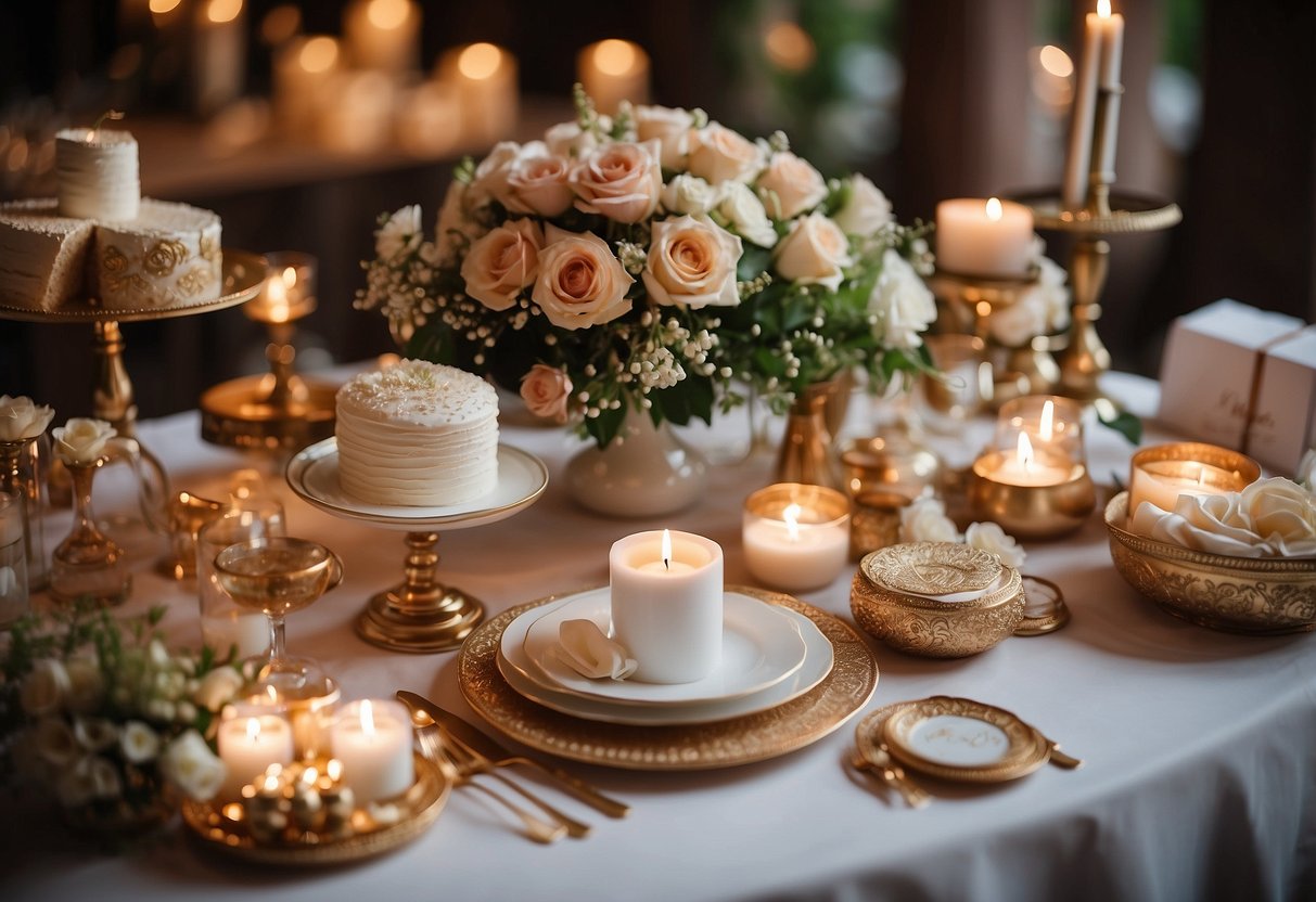 A table with various wedding vendor symbols (e.g. flowers, cake, music) and envelopes of varying sizes, representing different tipping amounts