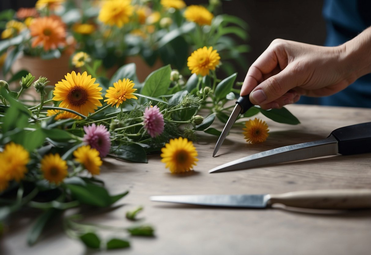 Gather flowers, greenery, and tools on a clean, flat surface. Trim stems at an angle and remove excess leaves. Sort by size and color