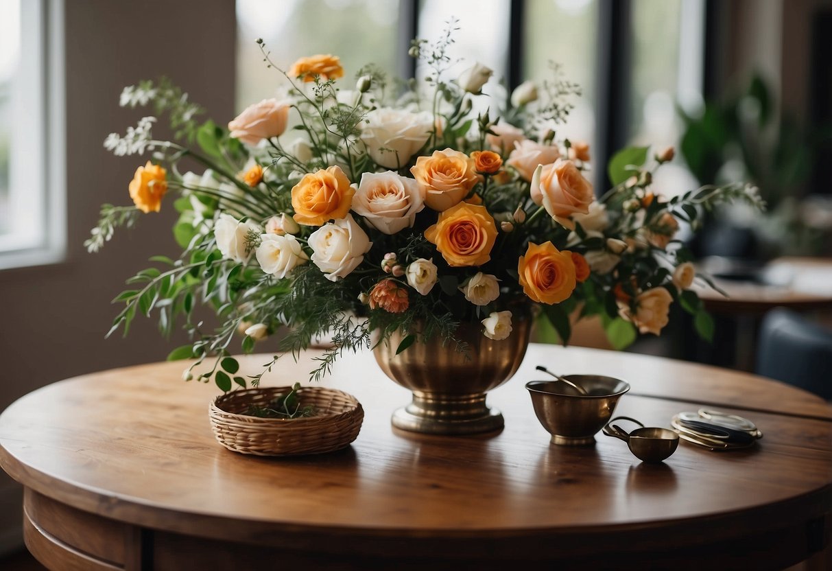 A table with assorted flowers, greenery, and tools. A step-by-step guide on making a wedding bouquet displayed nearby