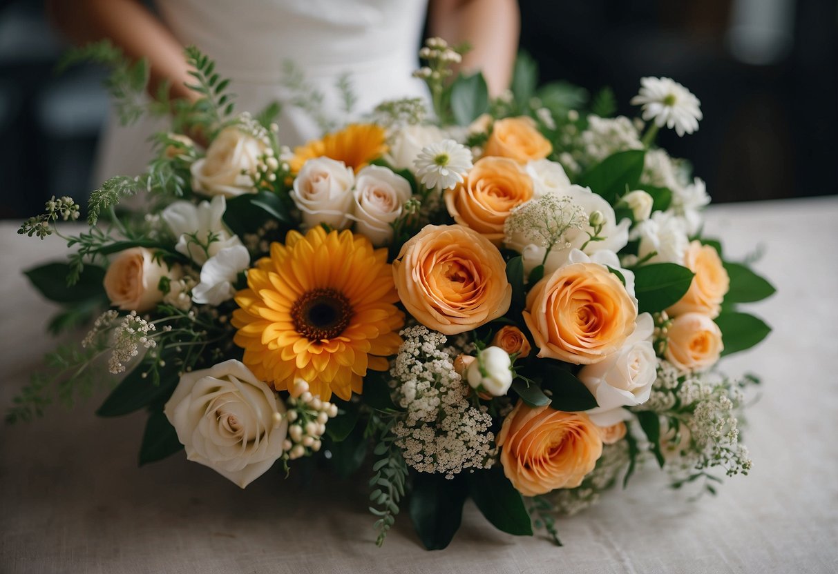 A florist carefully arranges fresh flowers into a beautiful wedding bouquet, tying it with a silk ribbon and placing it in a vase of water for preservation