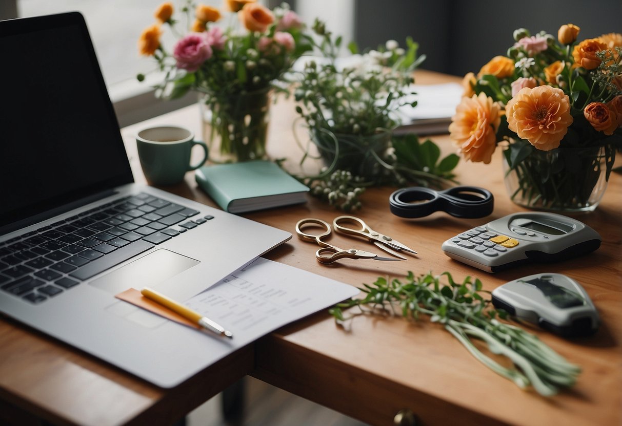 A table scattered with flowers, ribbons, and greenery. A pair of scissors, floral tape, and wire cutters are laid out. A notebook with sketches and a laptop displaying budgeting spreadsheets