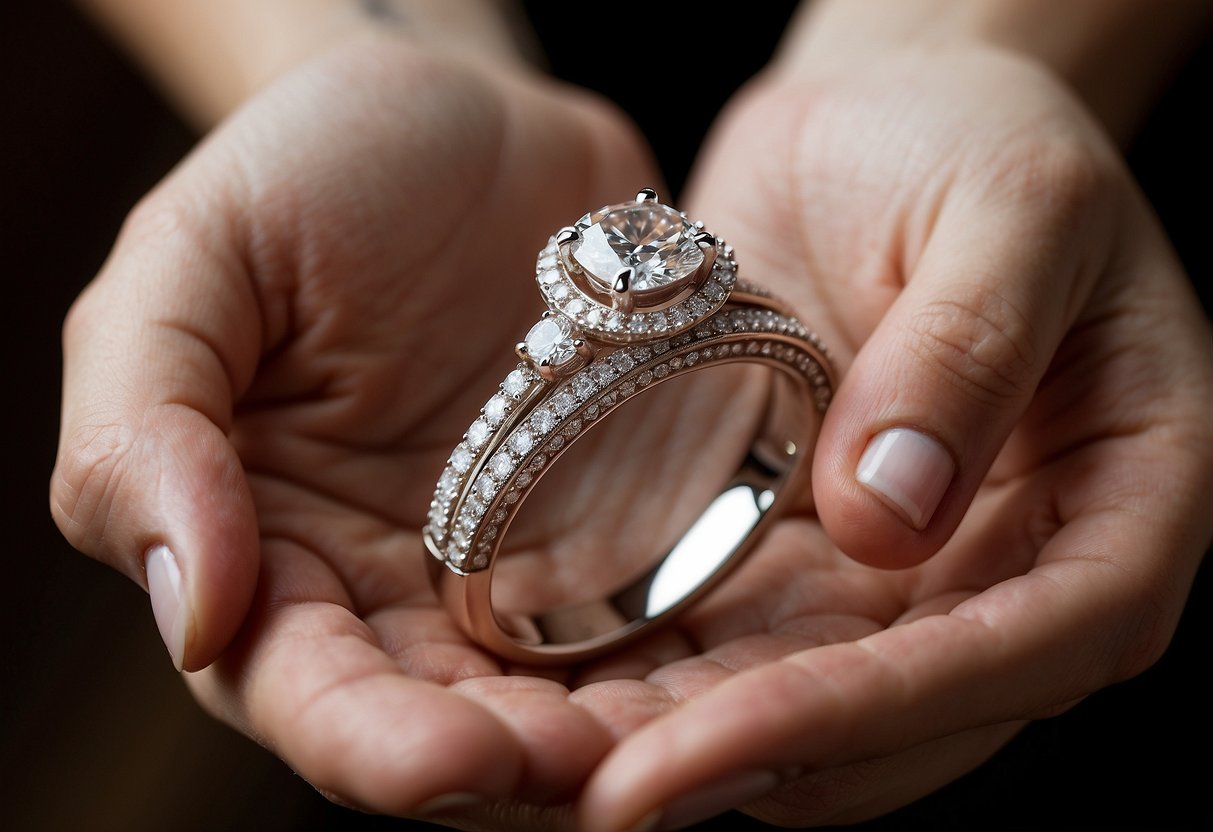 A hand reaches out, wearing an engagement ring on the ring finger and a wedding band stacked on top, showcasing the proper way to wear both rings