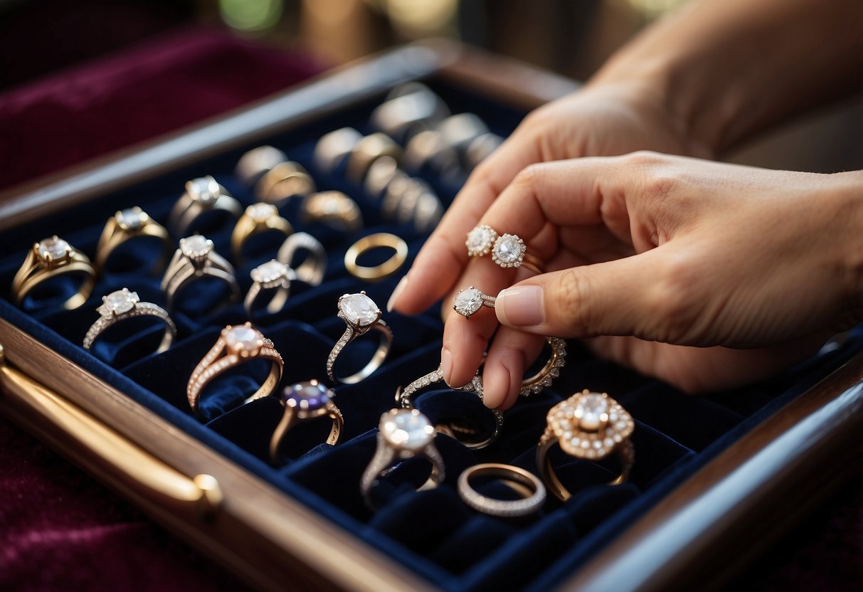 A hand reaches for a selection of engagement rings and wedding bands displayed on a velvet-lined tray, carefully considering the style and fit