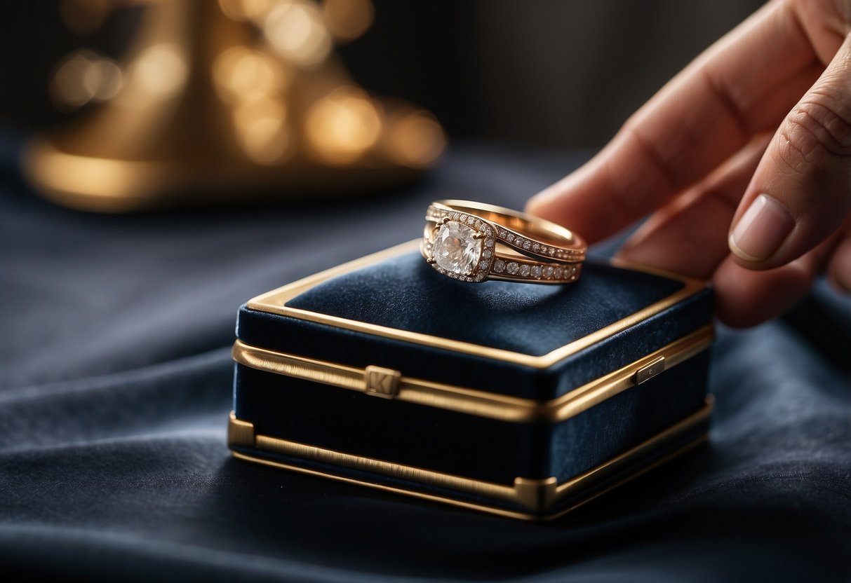 A hand reaches for a velvet jewelry box, opening it to reveal an engagement ring and wedding band. The rings are delicately placed on a soft cloth for cleaning and polishing