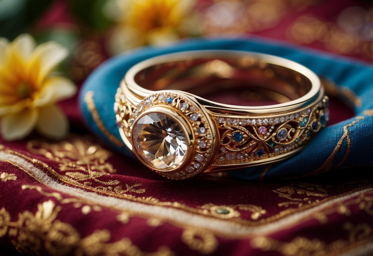 Engagement ring and wedding band displayed on a cultural altar, surrounded by symbolic objects and traditional fabrics